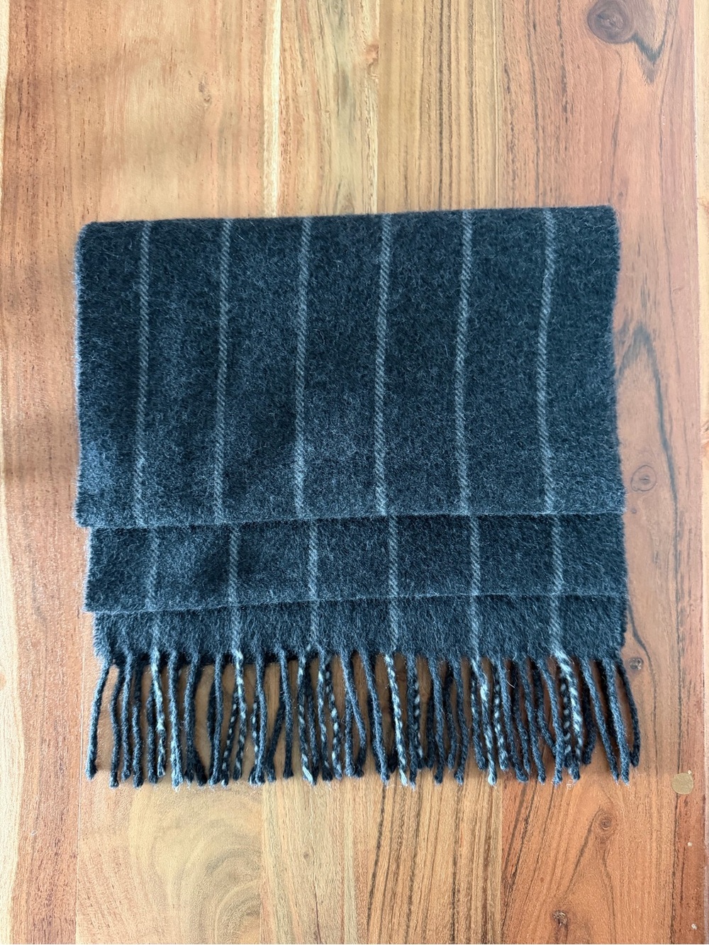 100% Pure Cashmere Italian Scarf Charcoal Grey Pinstripe Fringe